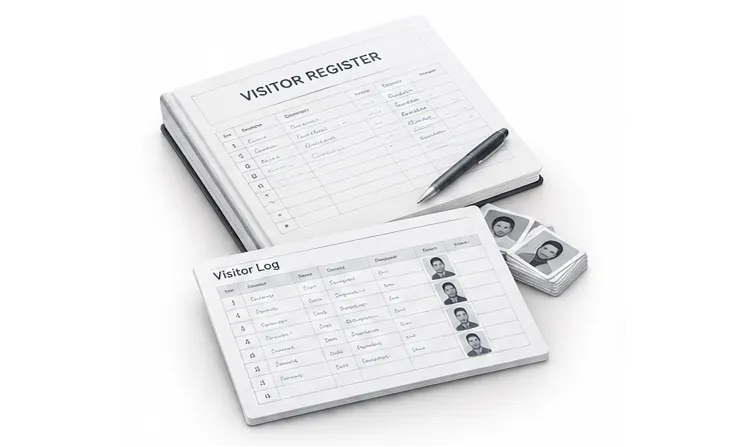 Register book, spreadsheet with ID photos, no retention policy